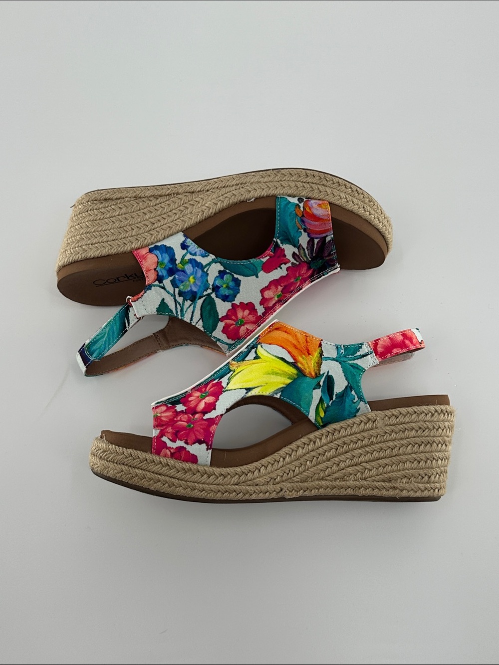 Corkys White Floral Espadrille Wedge Sandals with Pink & Yellow Accents - Picture 2 of 4